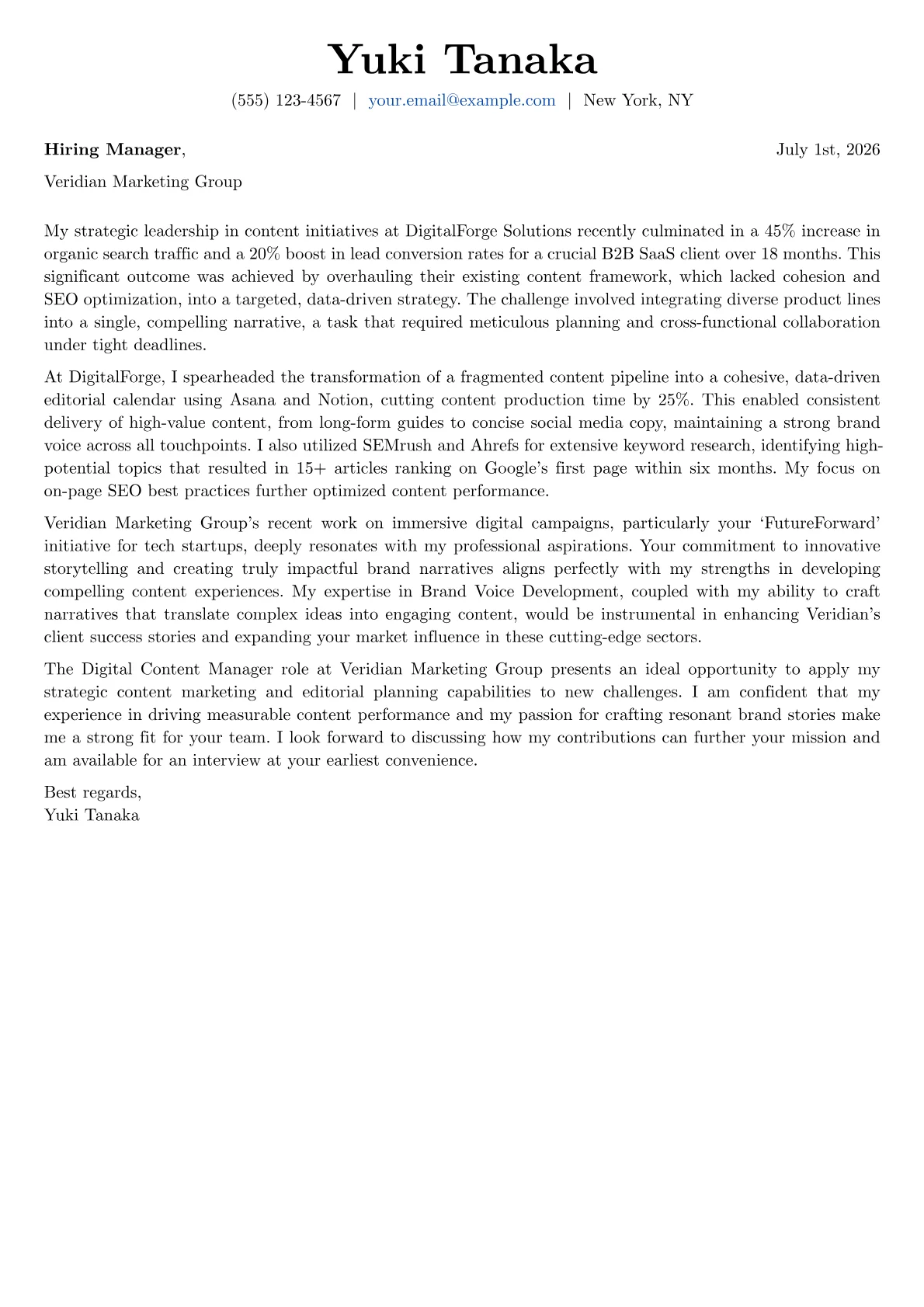 Digital Content Manager cover letter formatted with a JobSprout template