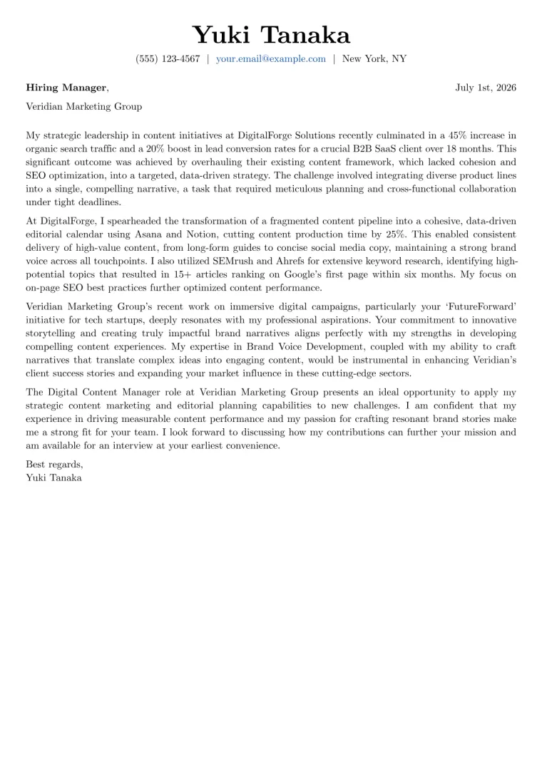Digital Content Manager Cover Letter Example