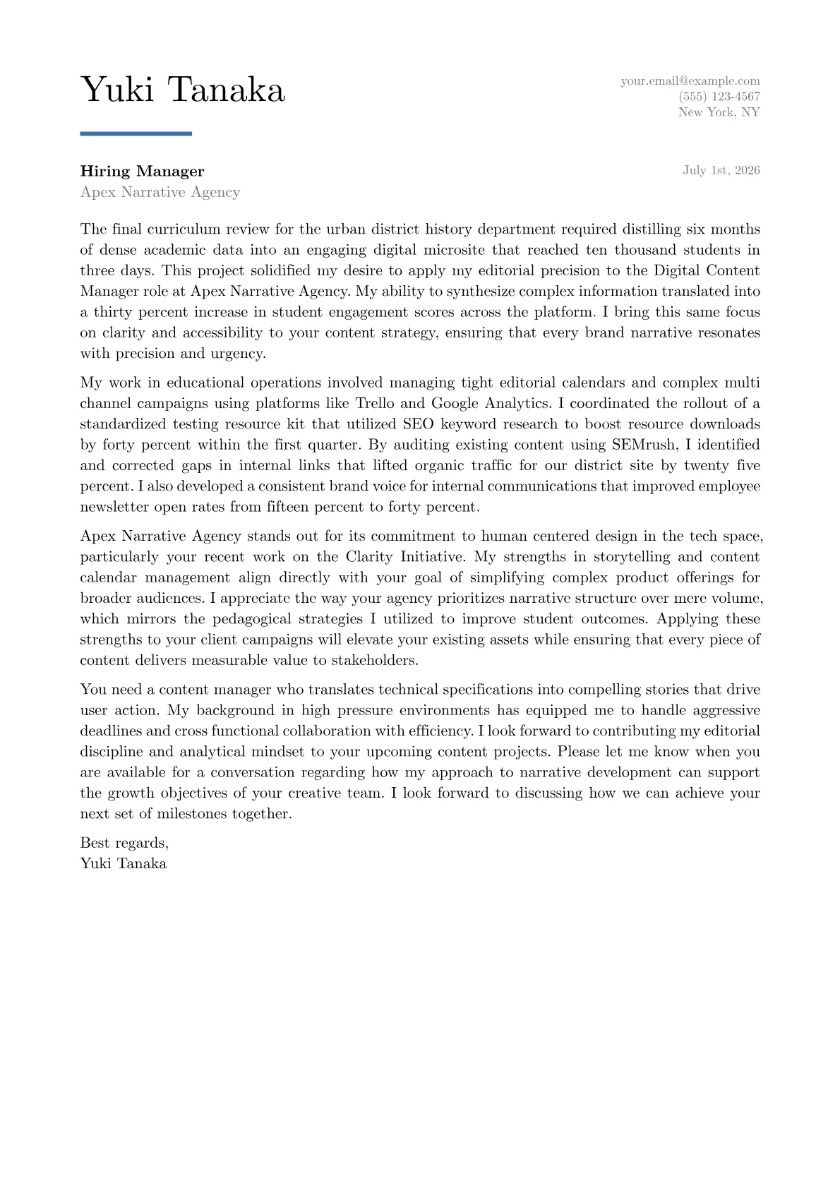 Digital Content Manager cover letter in the Executive design