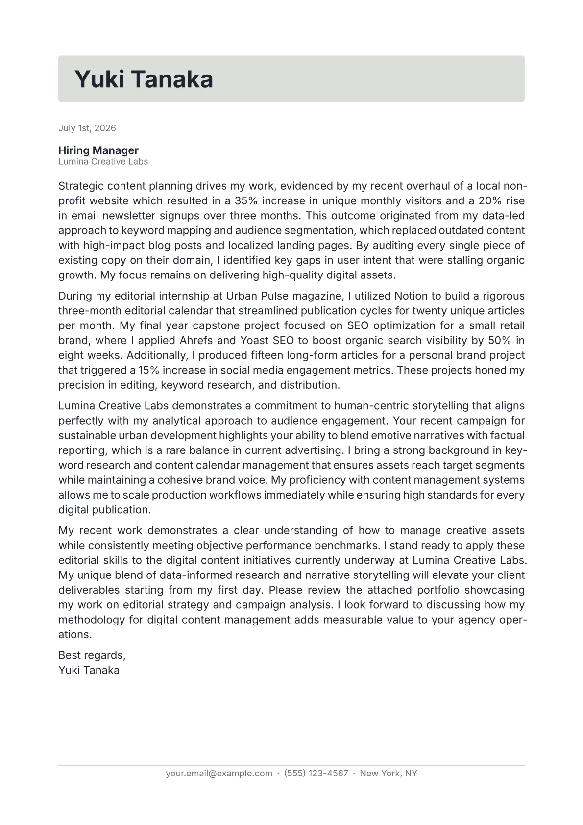 Digital Content Manager cover letter in the Letterhead design