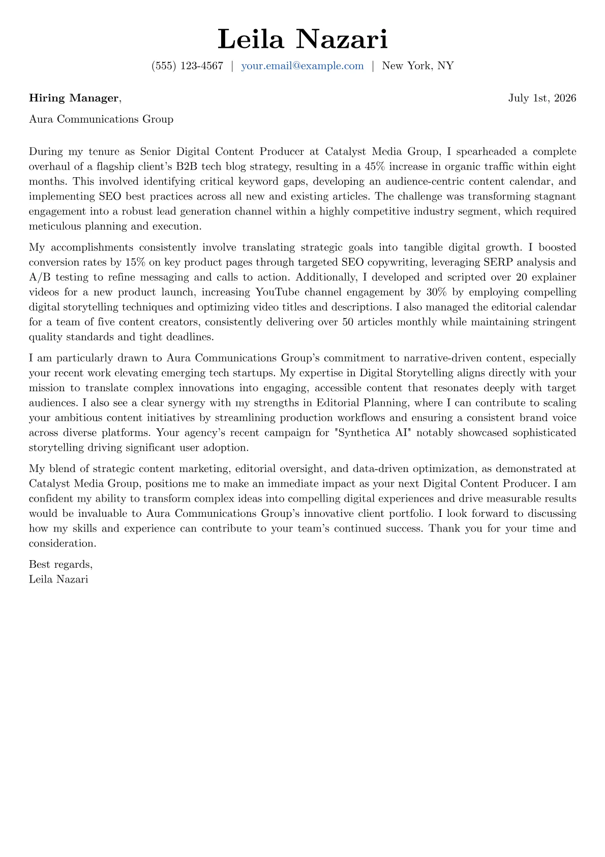 Digital Content Producer cover letter formatted with a JobSprout template