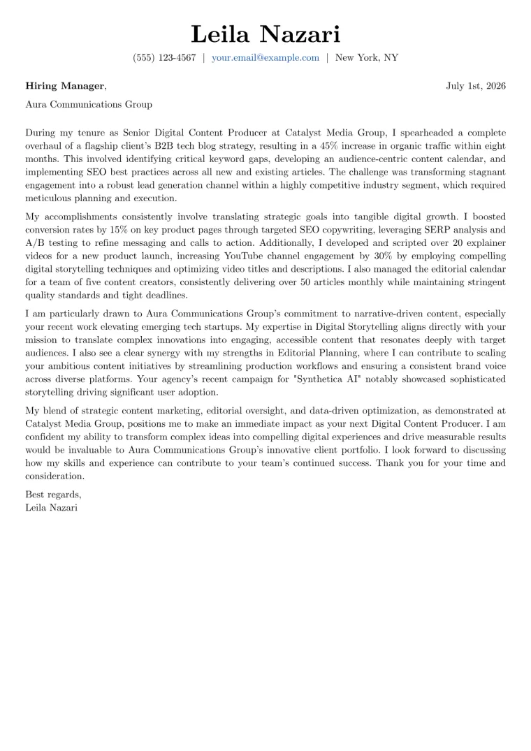 Digital Content Producer cover letter example preview