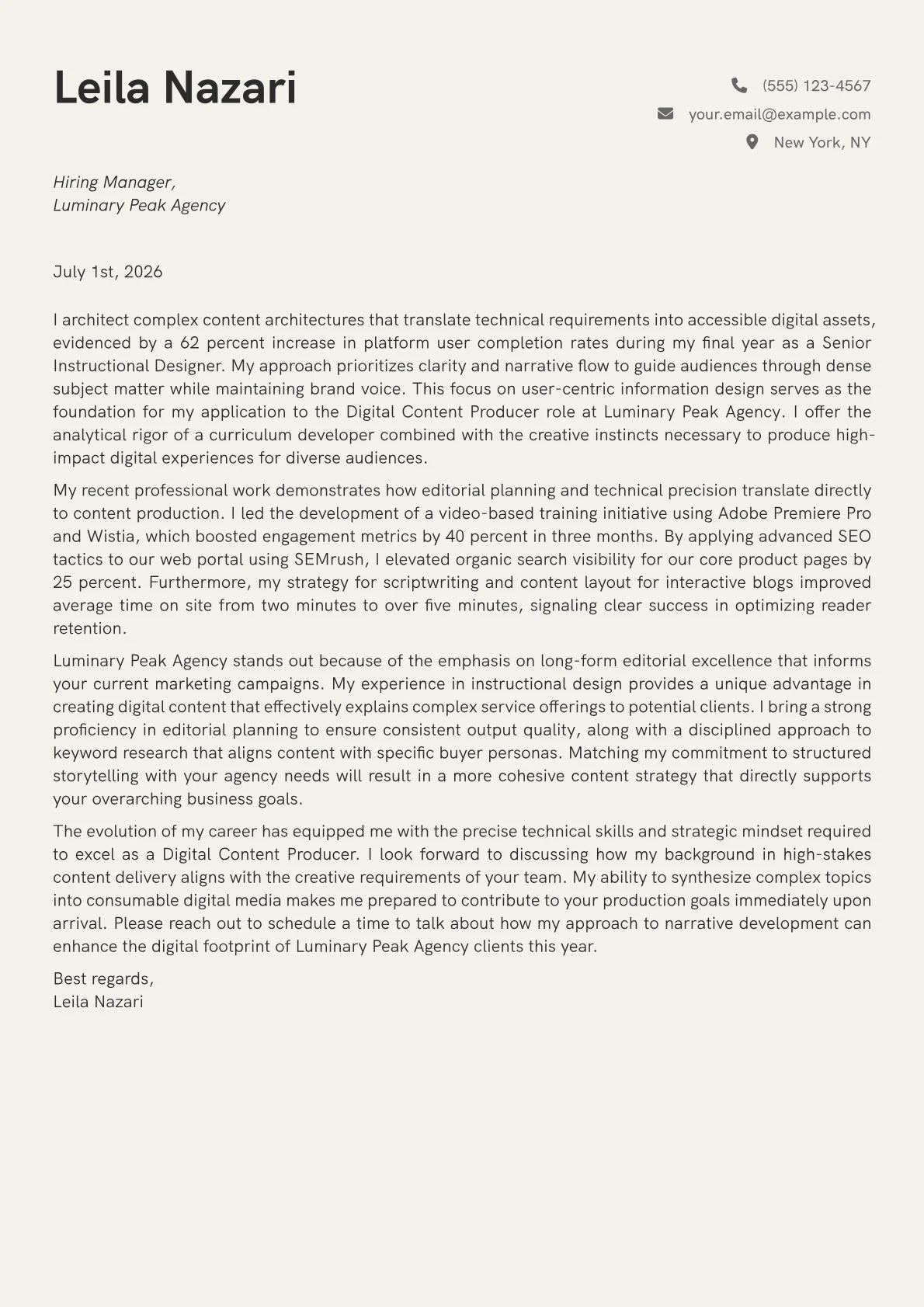 Digital Content Producer cover letter in the Creative design