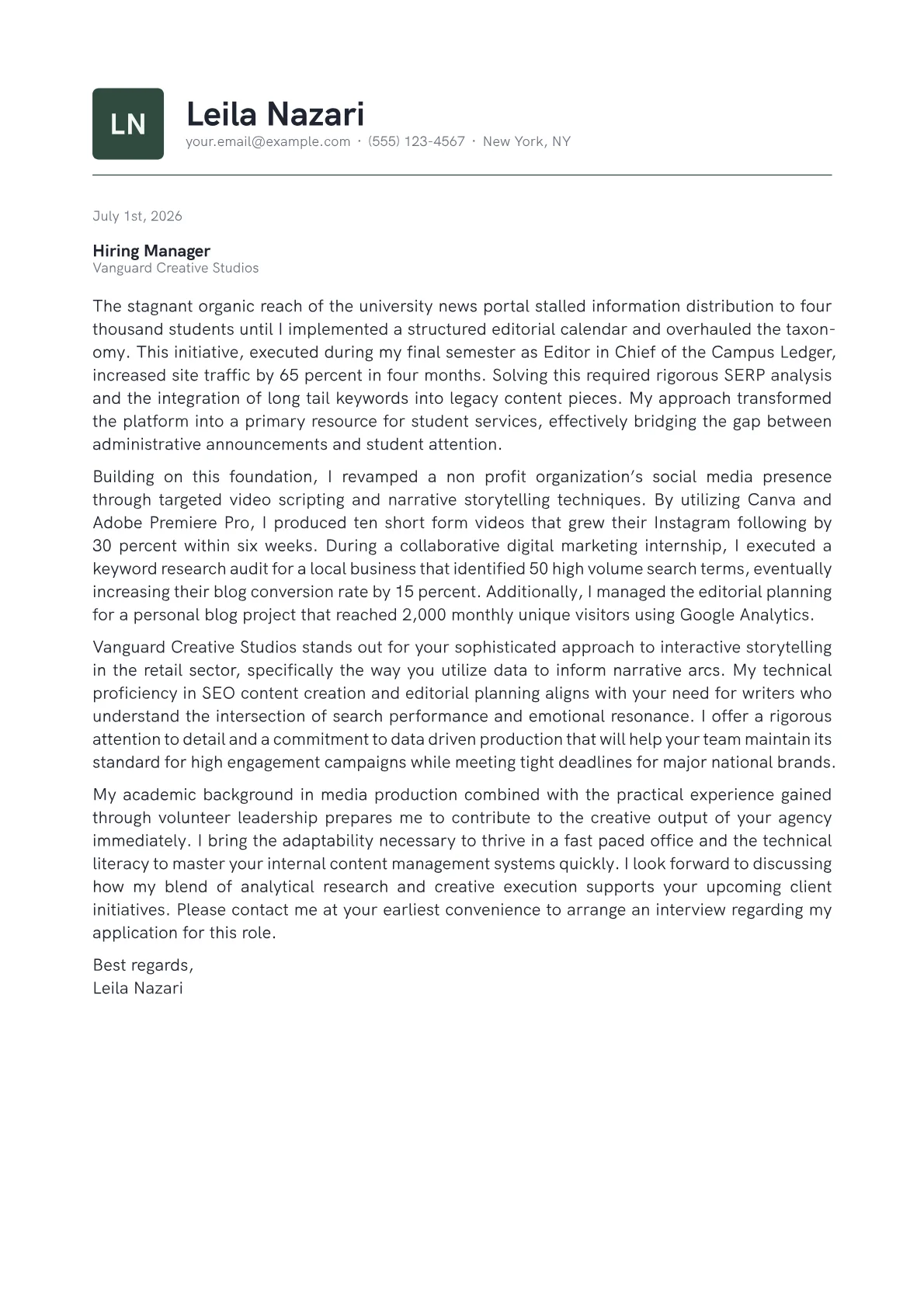 Digital Content Producer cover letter in the Emblem design
