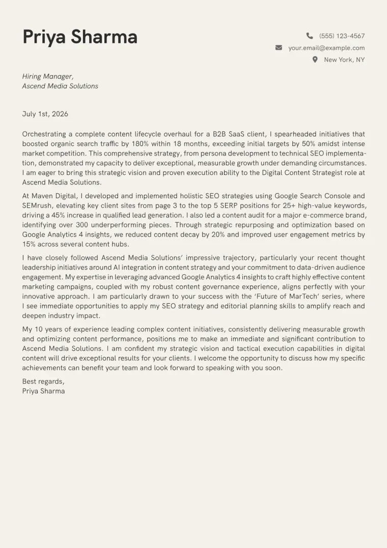 Digital Content Strategist cover letter example preview