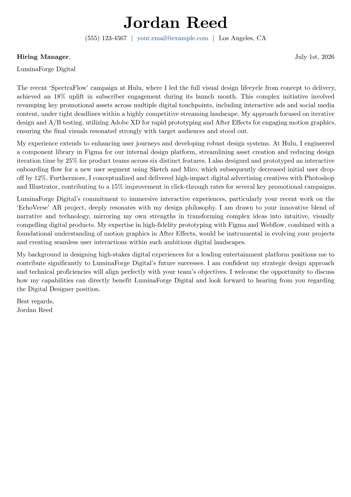 Digital Designer cover letter formatted with a JobSprout template