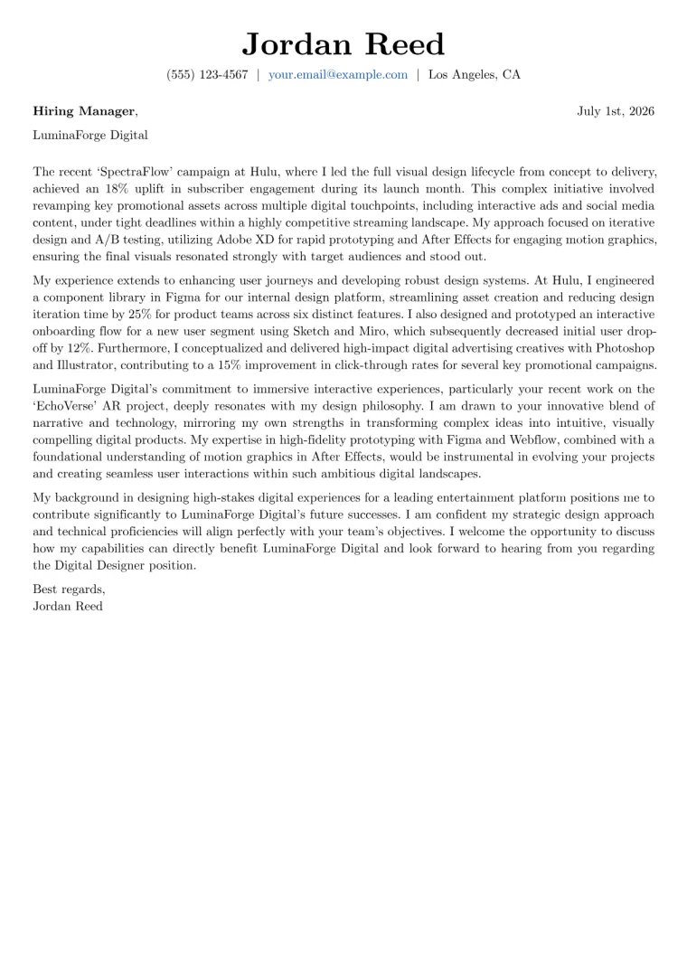 Digital Designer cover letter example preview