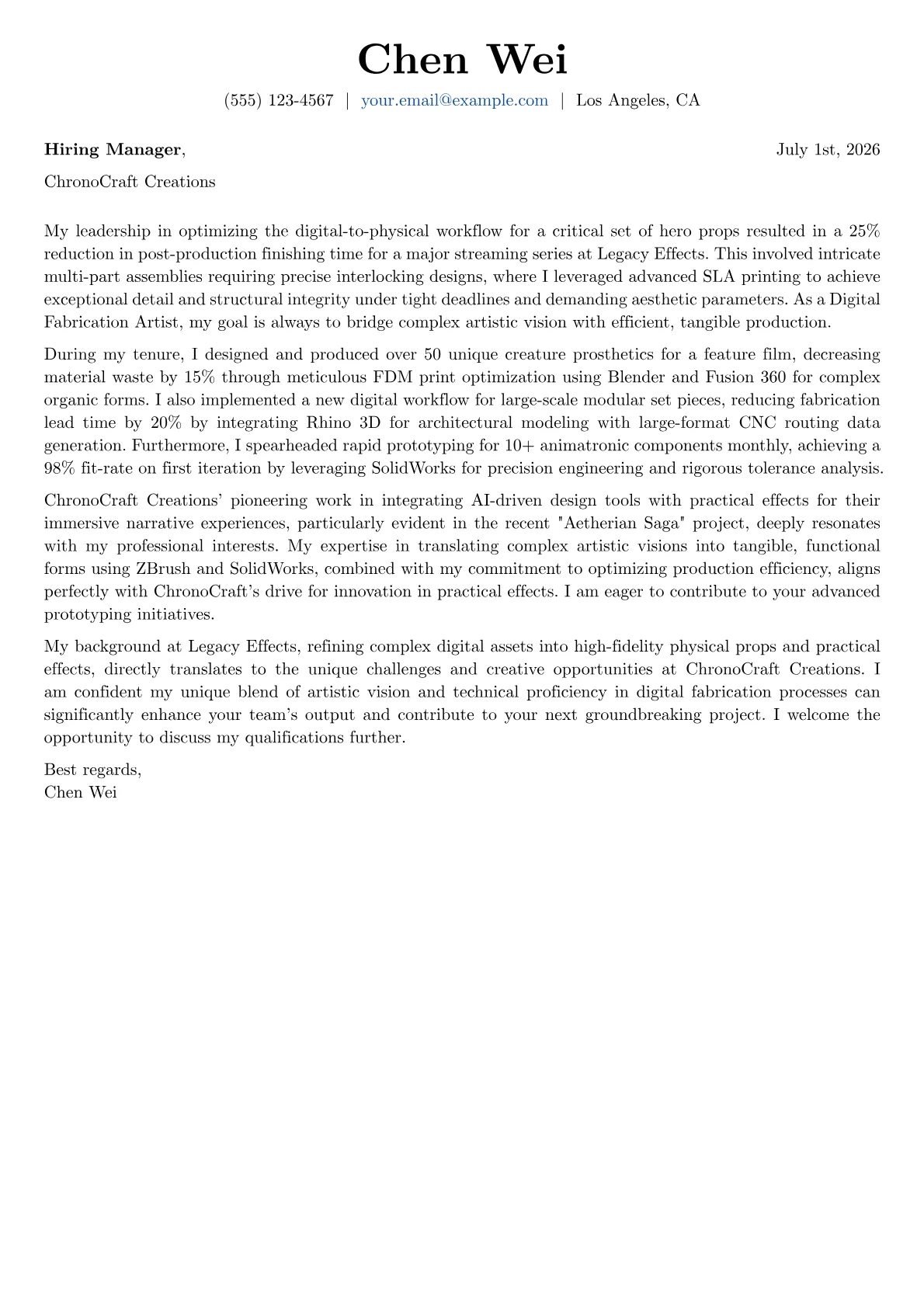 Digital Fabrication Artist cover letter formatted with a JobSprout template