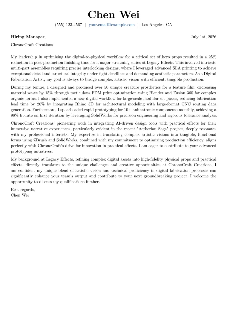 Digital Fabrication Artist cover letter example preview