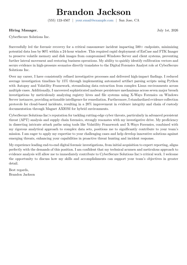 Digital Forensics Analyst Cover Letter Example