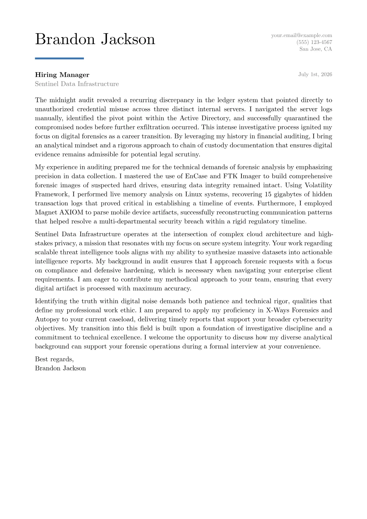 Digital Forensics Analyst cover letter in the Executive design