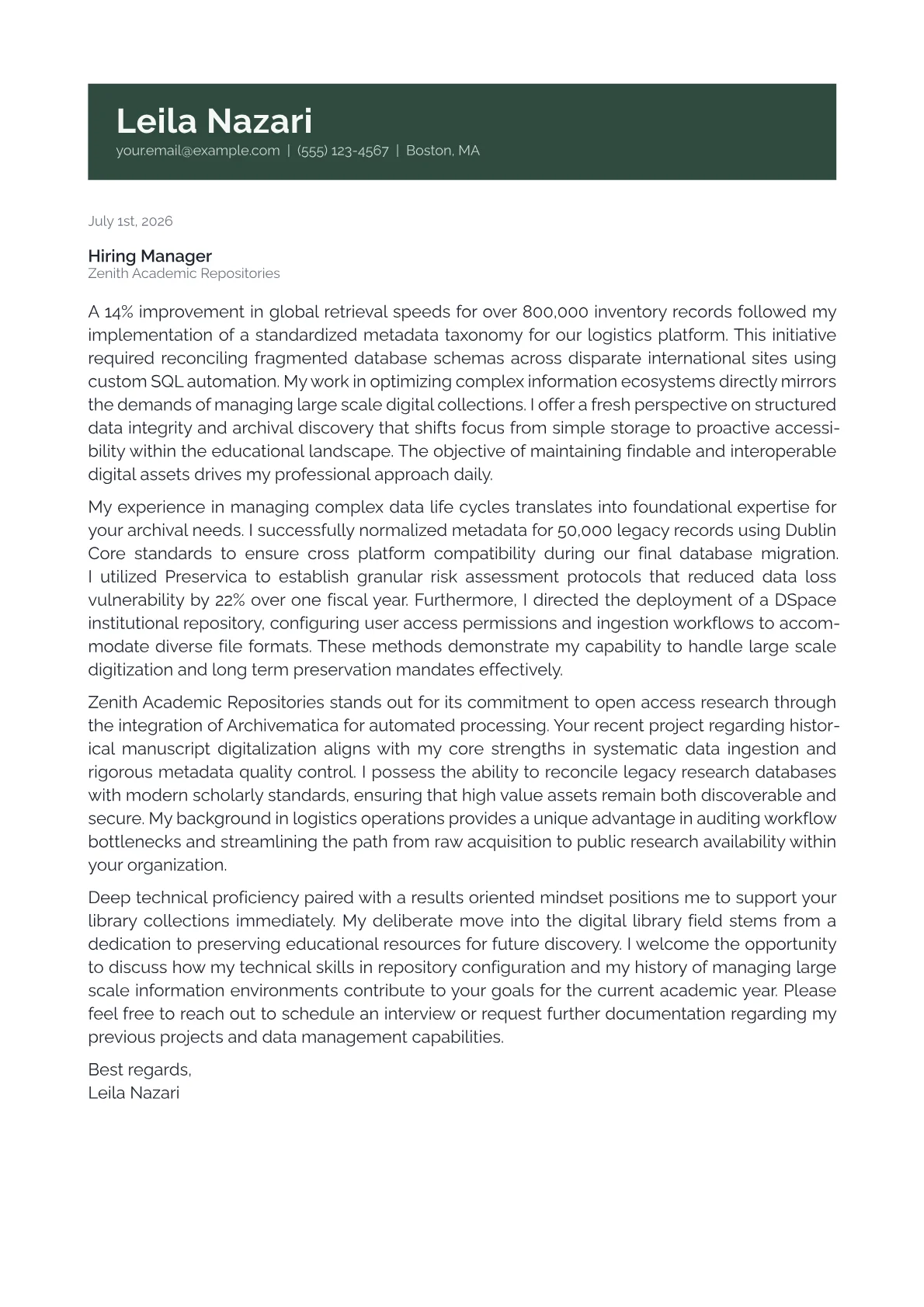 Digital Librarian cover letter in the Banner design