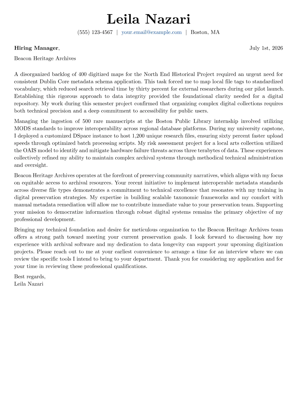 Digital Librarian cover letter in the Basic design