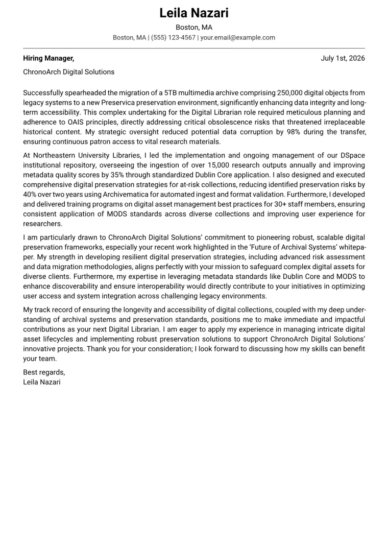 Digital Librarian Cover Letter Example