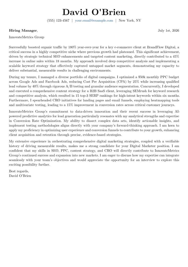 Digital Marketer cover letter example preview