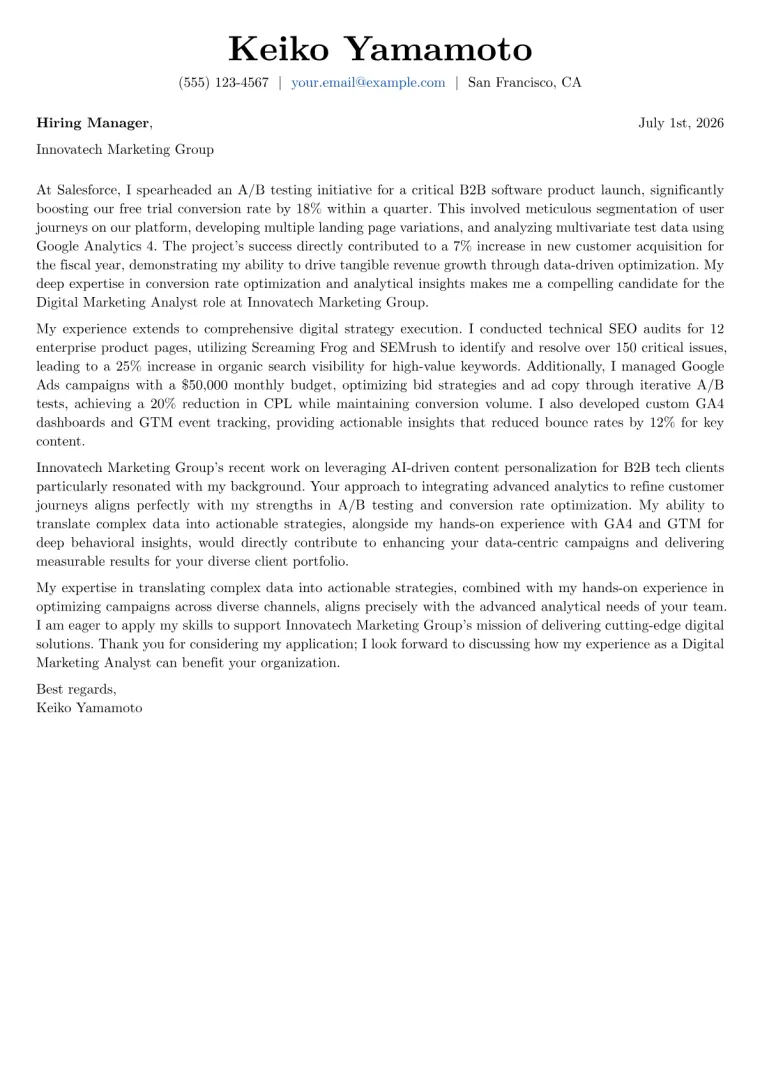 Digital Marketing Analyst cover letter example preview