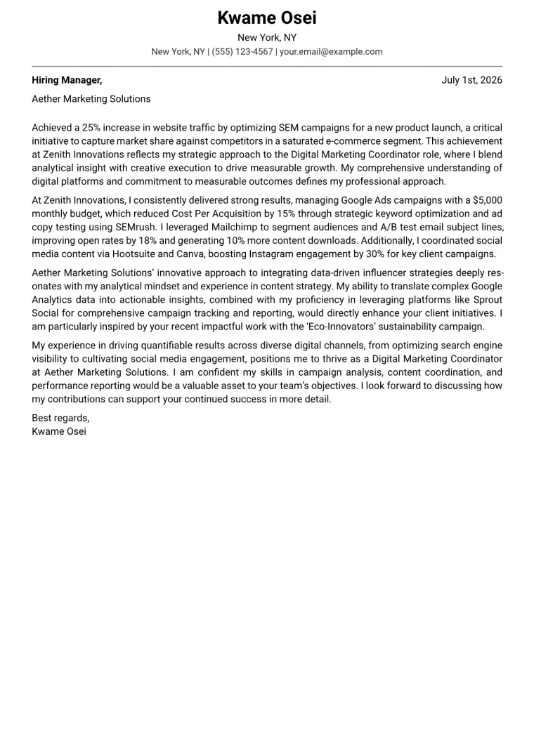 Digital Marketing Coordinator Cover Letter Example