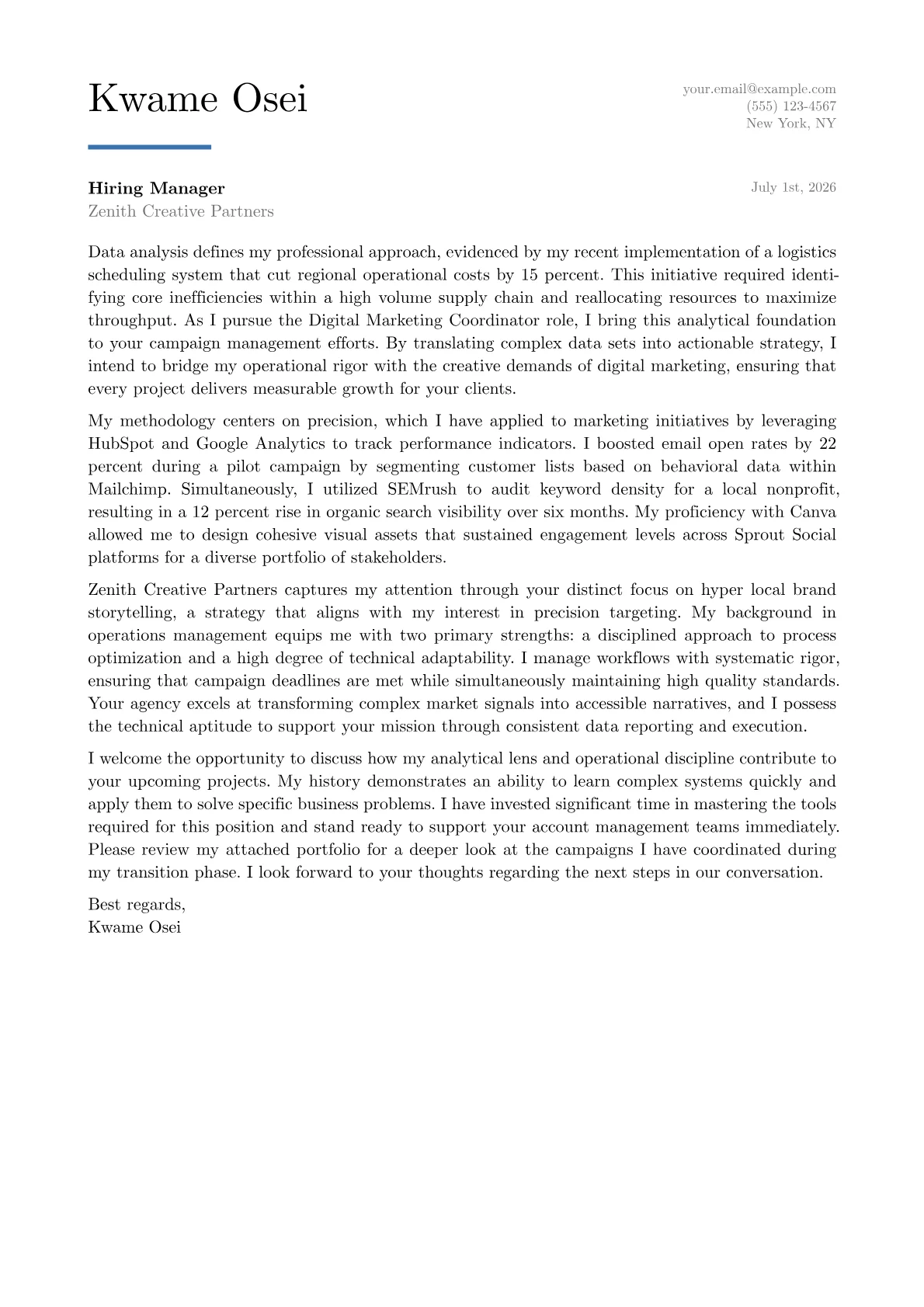 Digital Marketing Coordinator cover letter in the Executive design