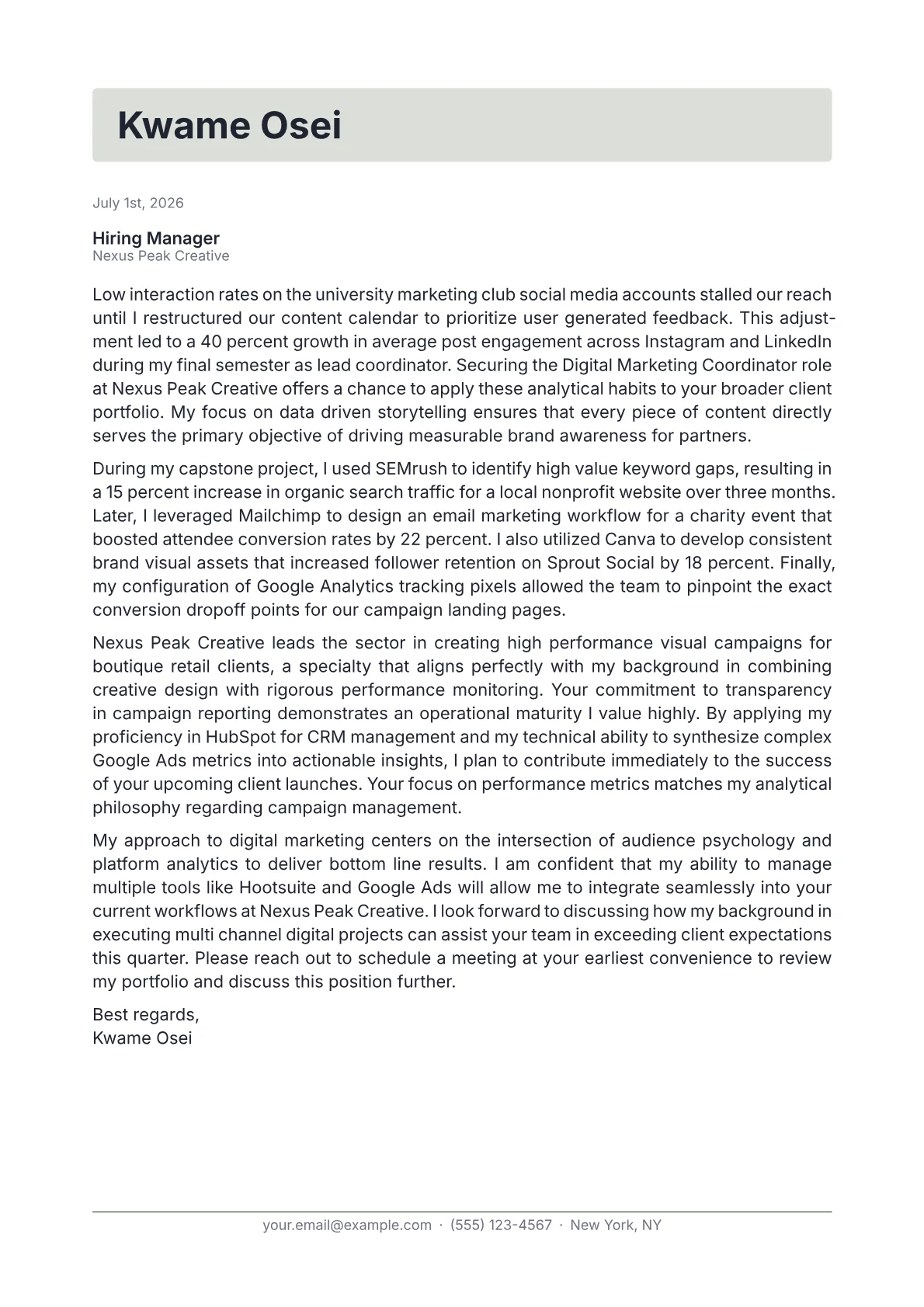 Digital Marketing Coordinator cover letter in the Letterhead design