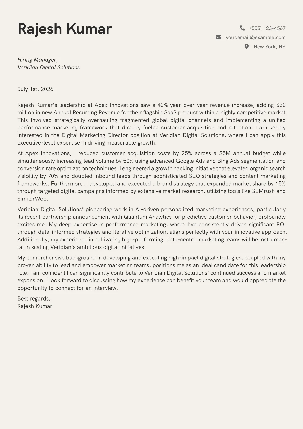 Digital Marketing Director cover letter formatted with a JobSprout template