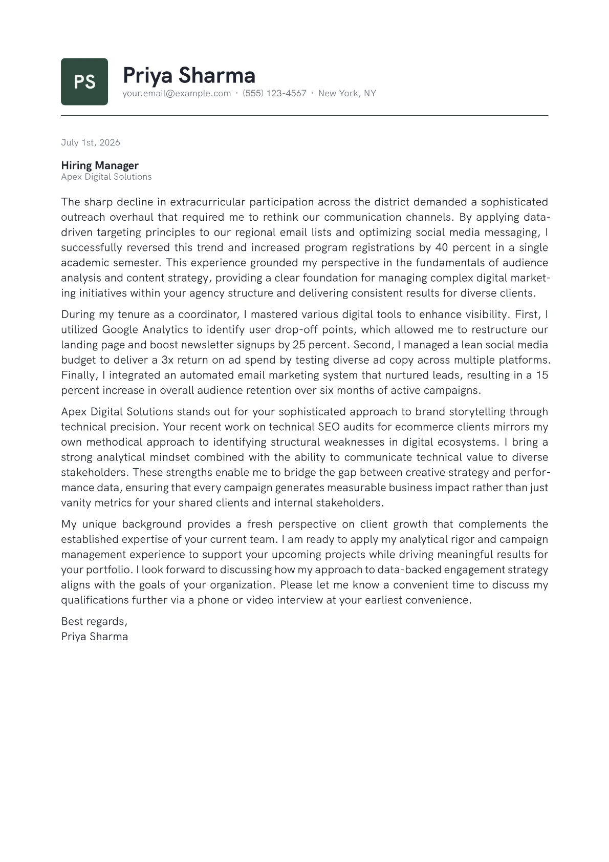 Digital Marketing Manager cover letter in the Emblem design