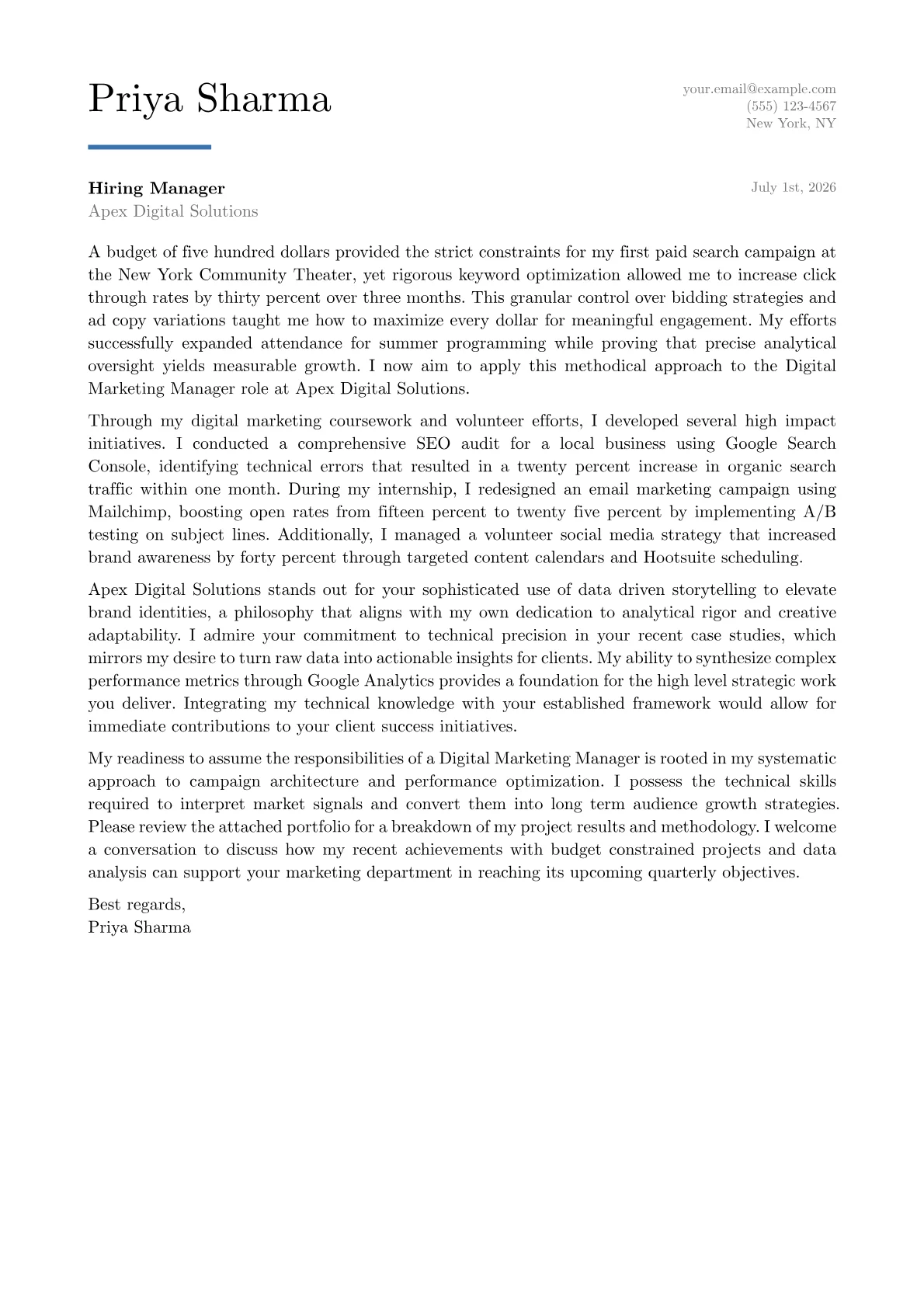 Digital Marketing Manager cover letter in the Executive design