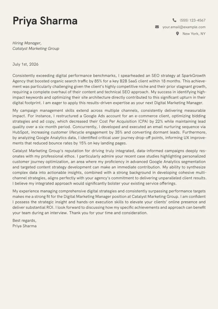 Digital Marketing Manager Cover Letter Example