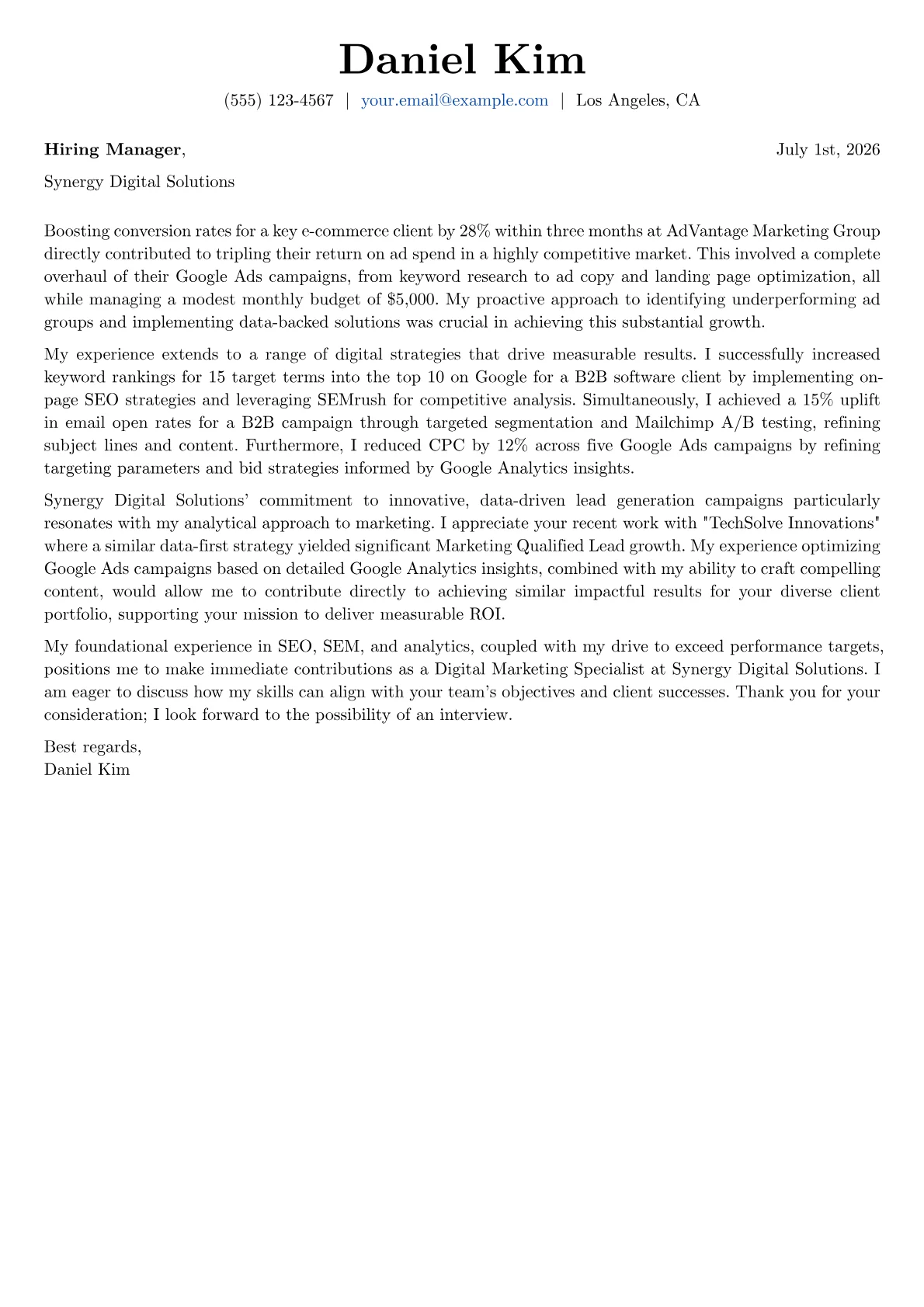 Digital Marketing Specialist cover letter formatted with a JobSprout template