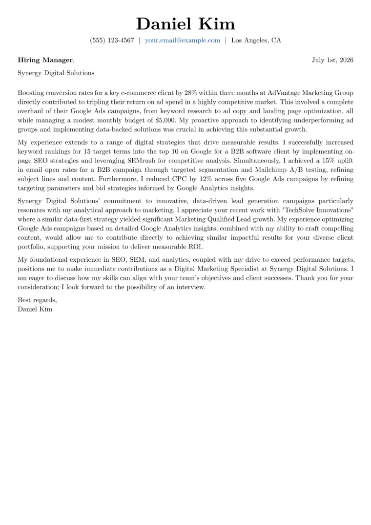 Digital Marketing Specialist cover letter example