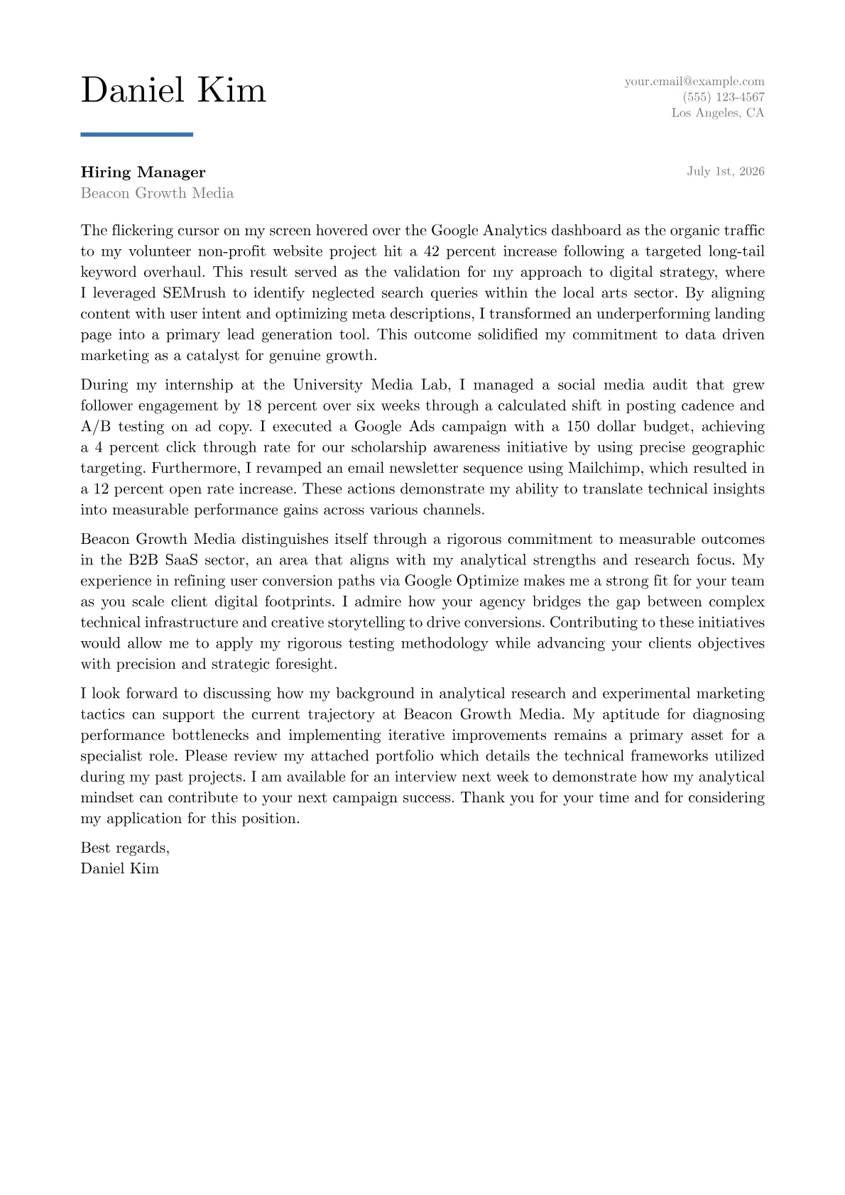 Digital Marketing Specialist cover letter in the Executive design