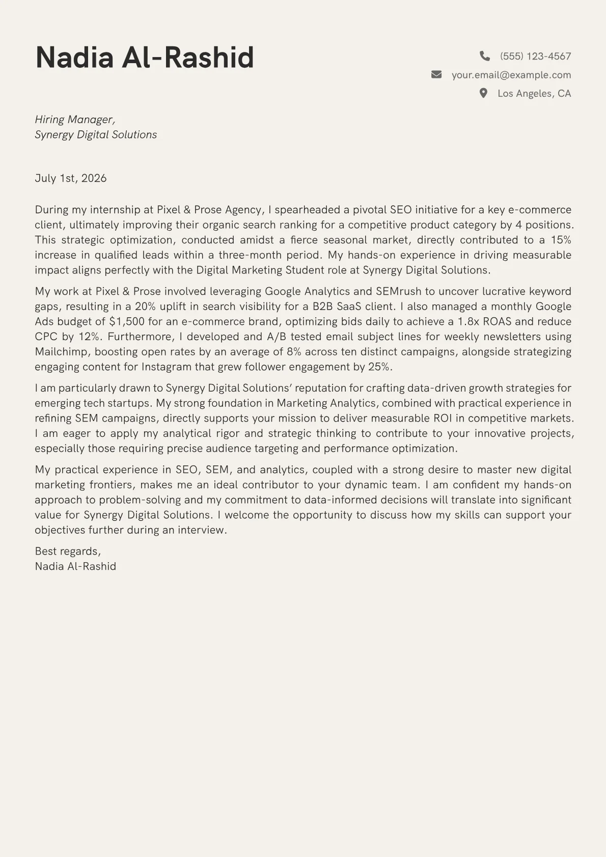 Digital Marketing Student cover letter formatted with a JobSprout template