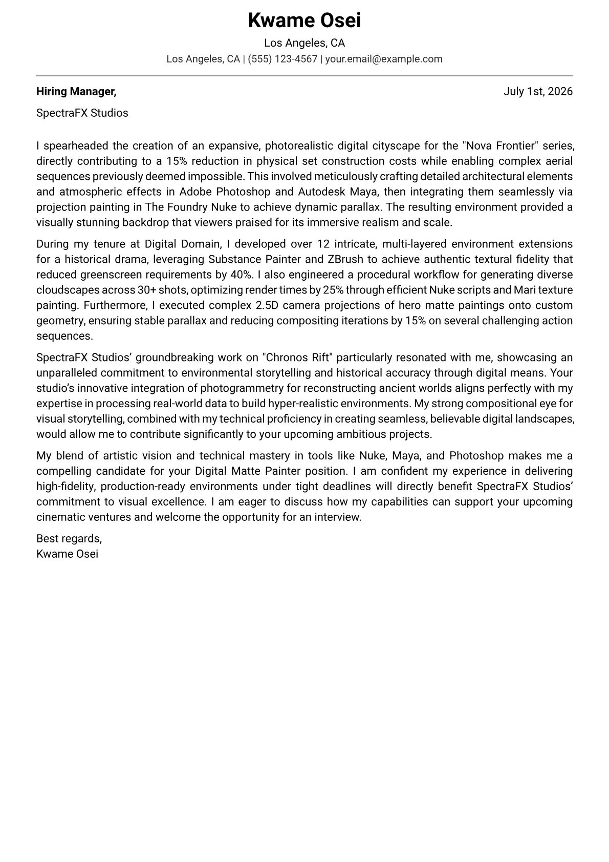 Digital Matte Painter cover letter formatted with a JobSprout template