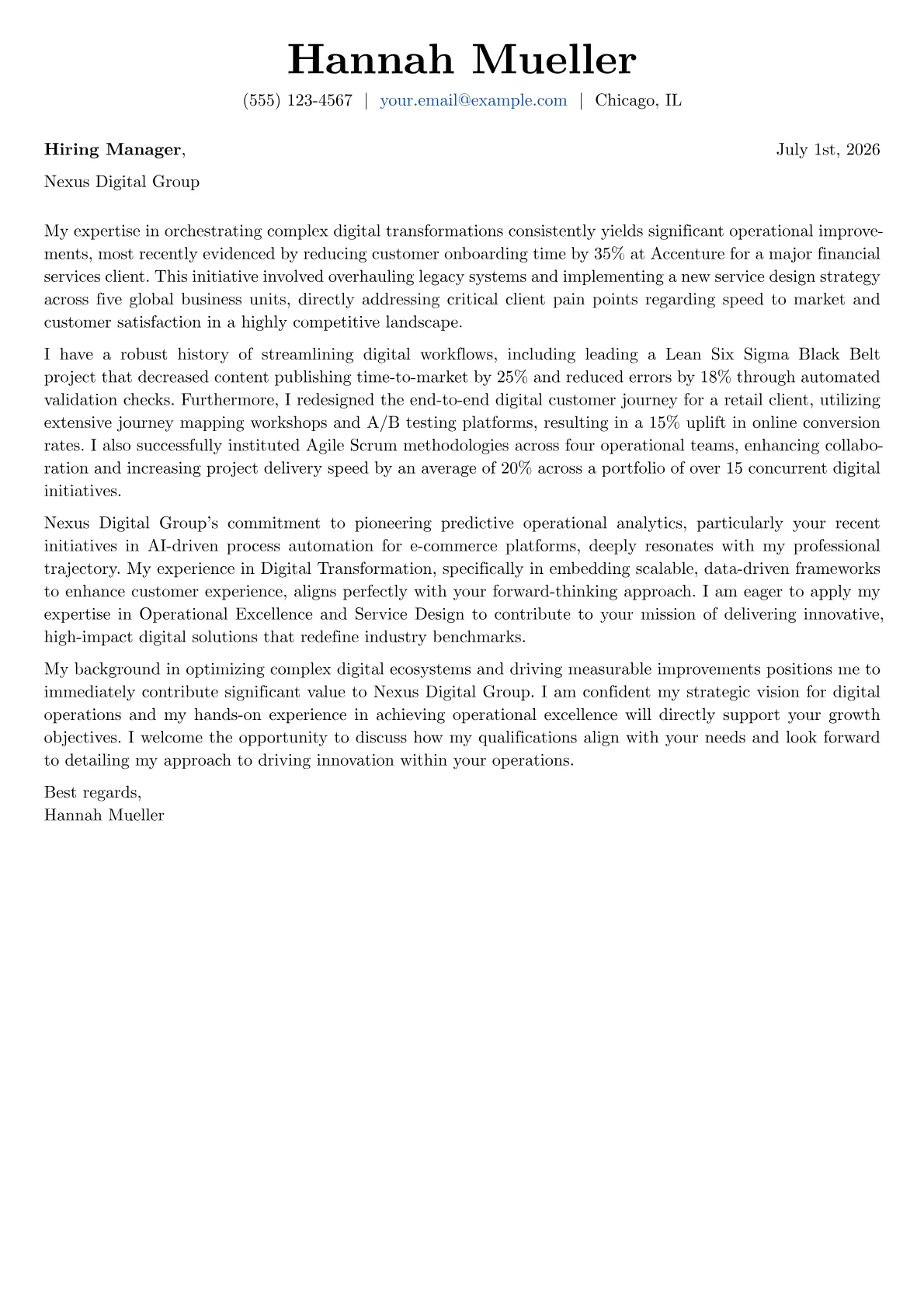 Digital Operations Manager cover letter formatted with a JobSprout template
