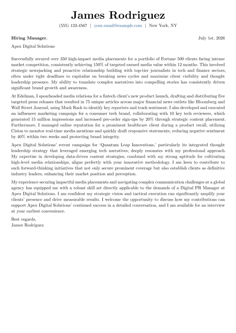 Digital PR Manager cover letter example preview