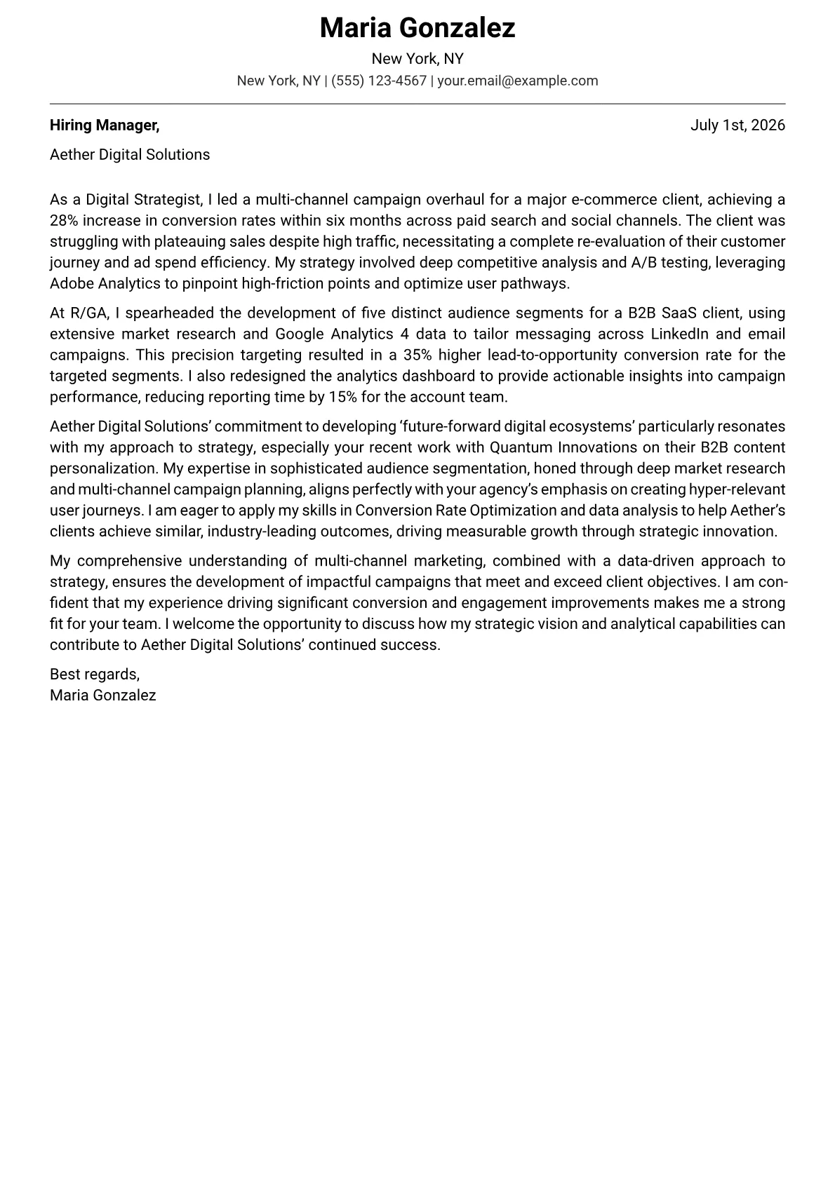 Digital Strategist cover letter formatted with a JobSprout template
