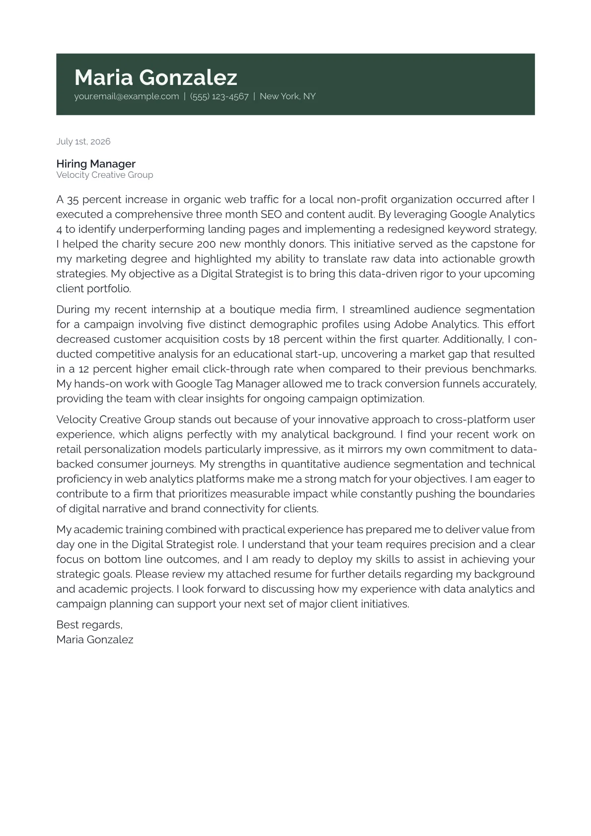 Digital Strategist cover letter in the Banner design