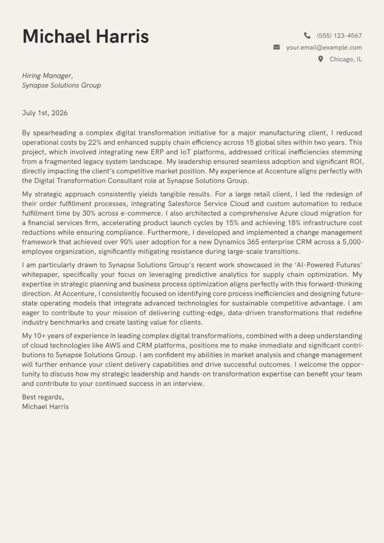 Digital Transformation Consultant cover letter example