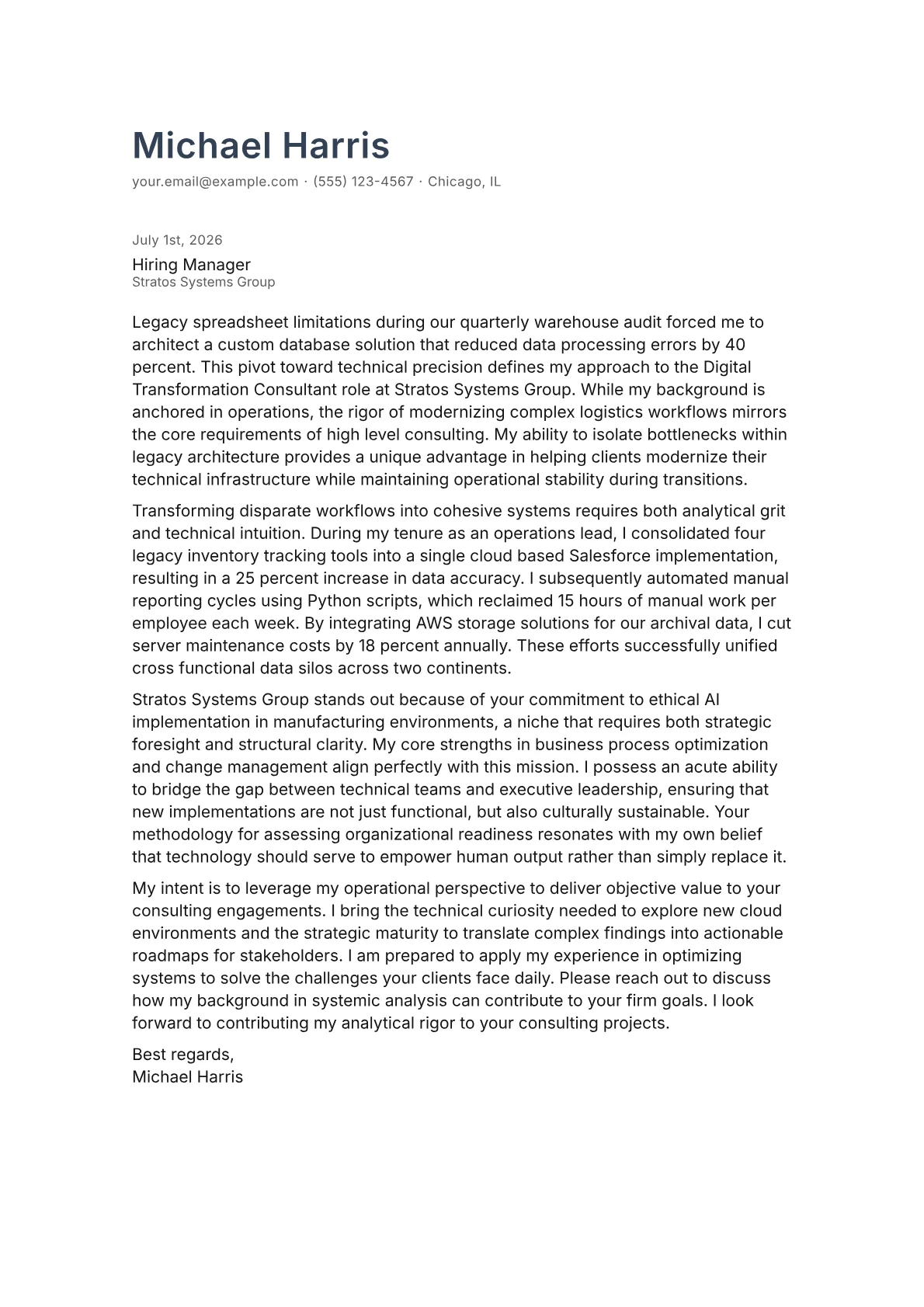 Digital Transformation Consultant cover letter in the Minimal design