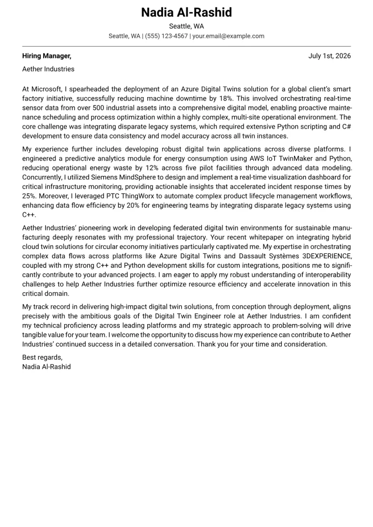 Digital Twin Engineer cover letter example preview