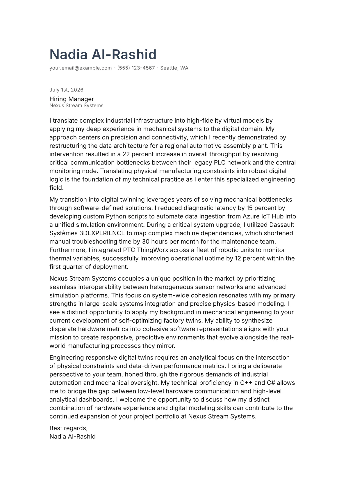 Digital Twin Engineer cover letter in the Minimal design