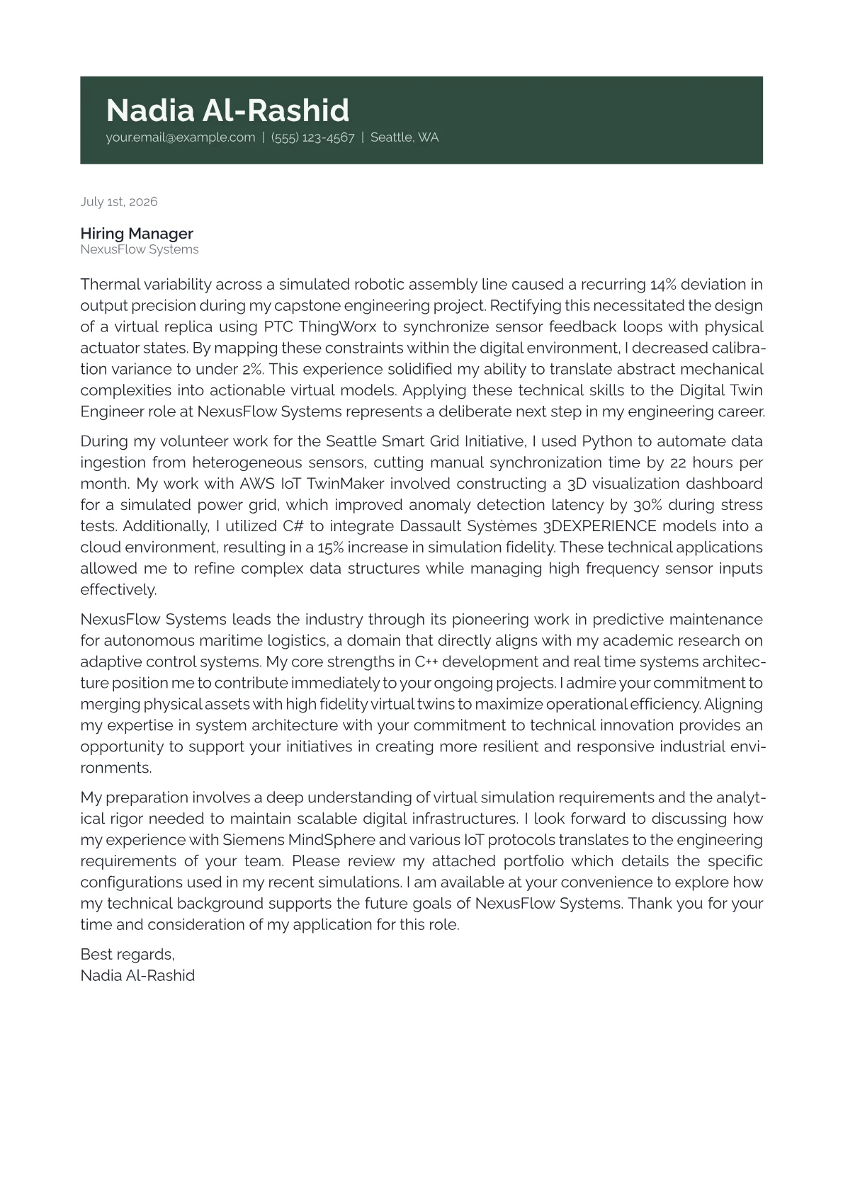 Digital Twin Engineer cover letter in the Banner design
