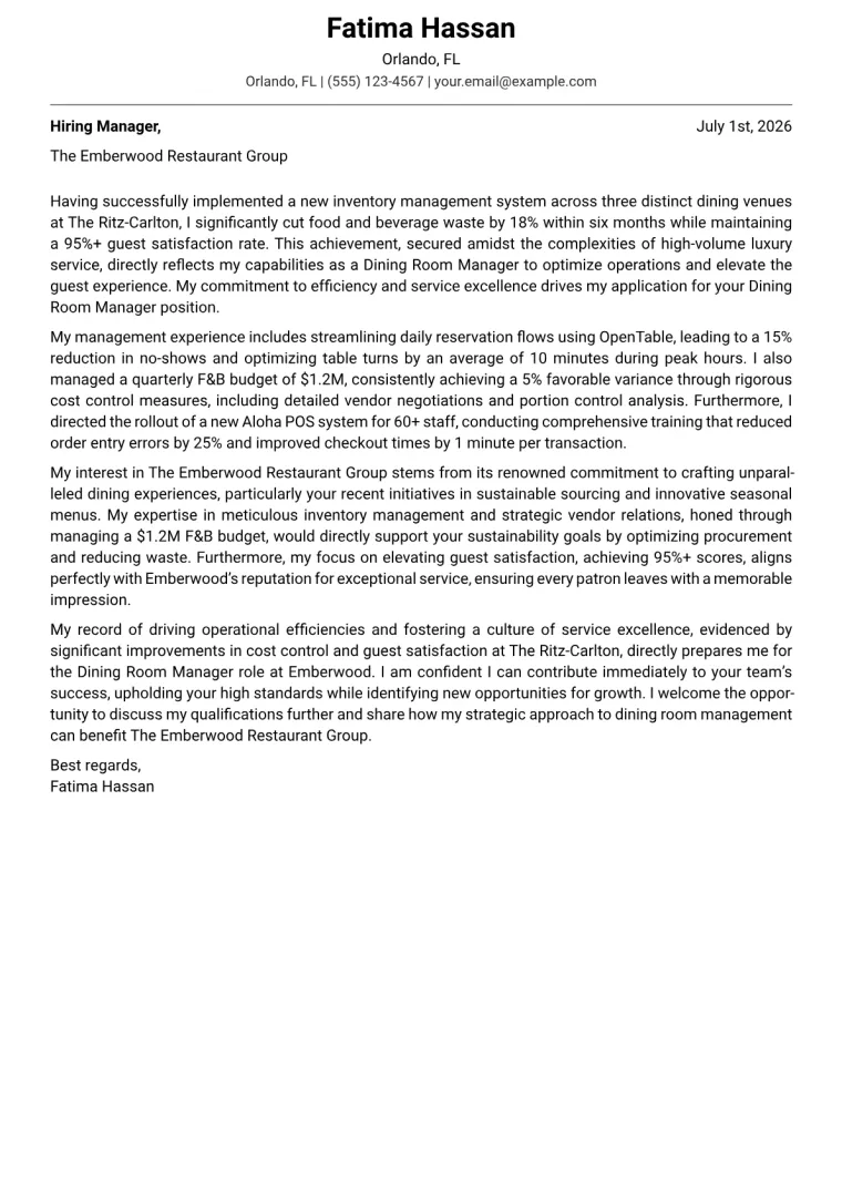 Dining Room Manager cover letter example preview