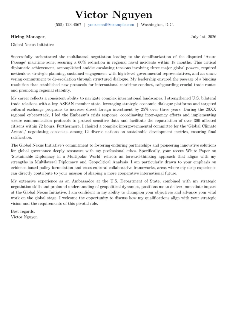 Diplomat Ambassador Cover Letter Example
