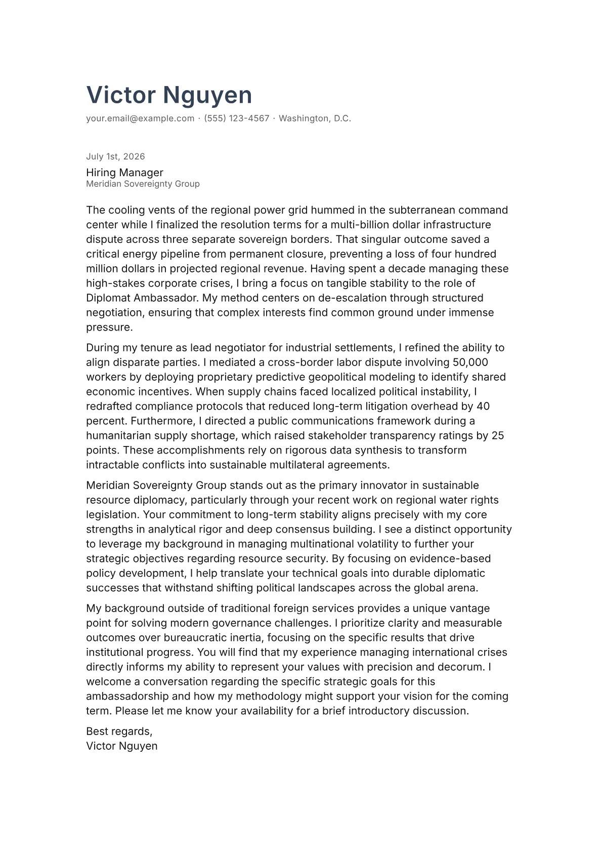 Diplomat Ambassador cover letter in the Minimal design
