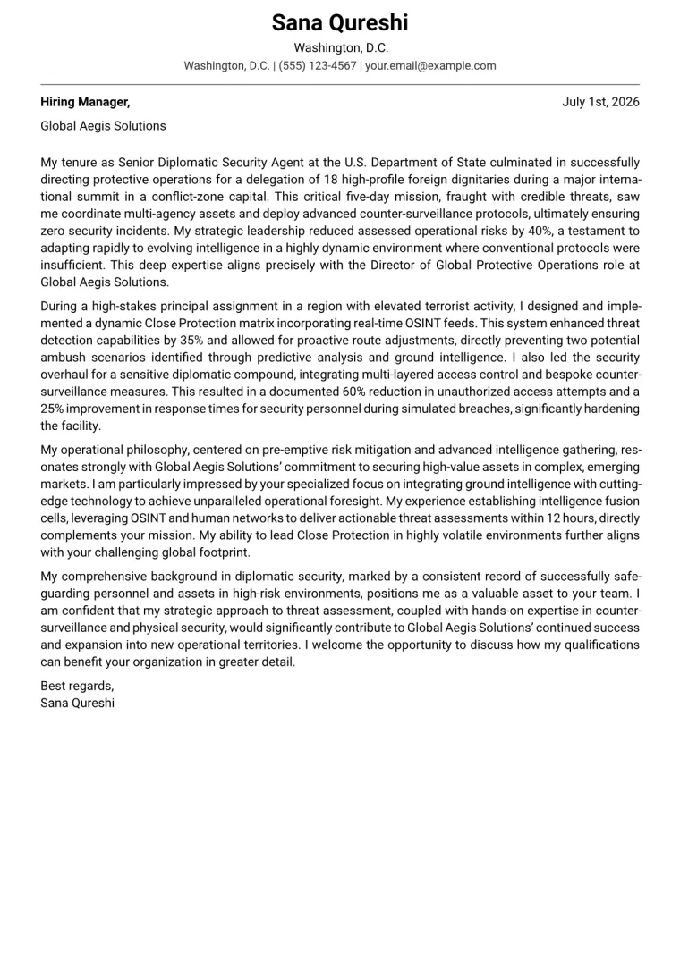Diplomatic Security Agent cover letter example