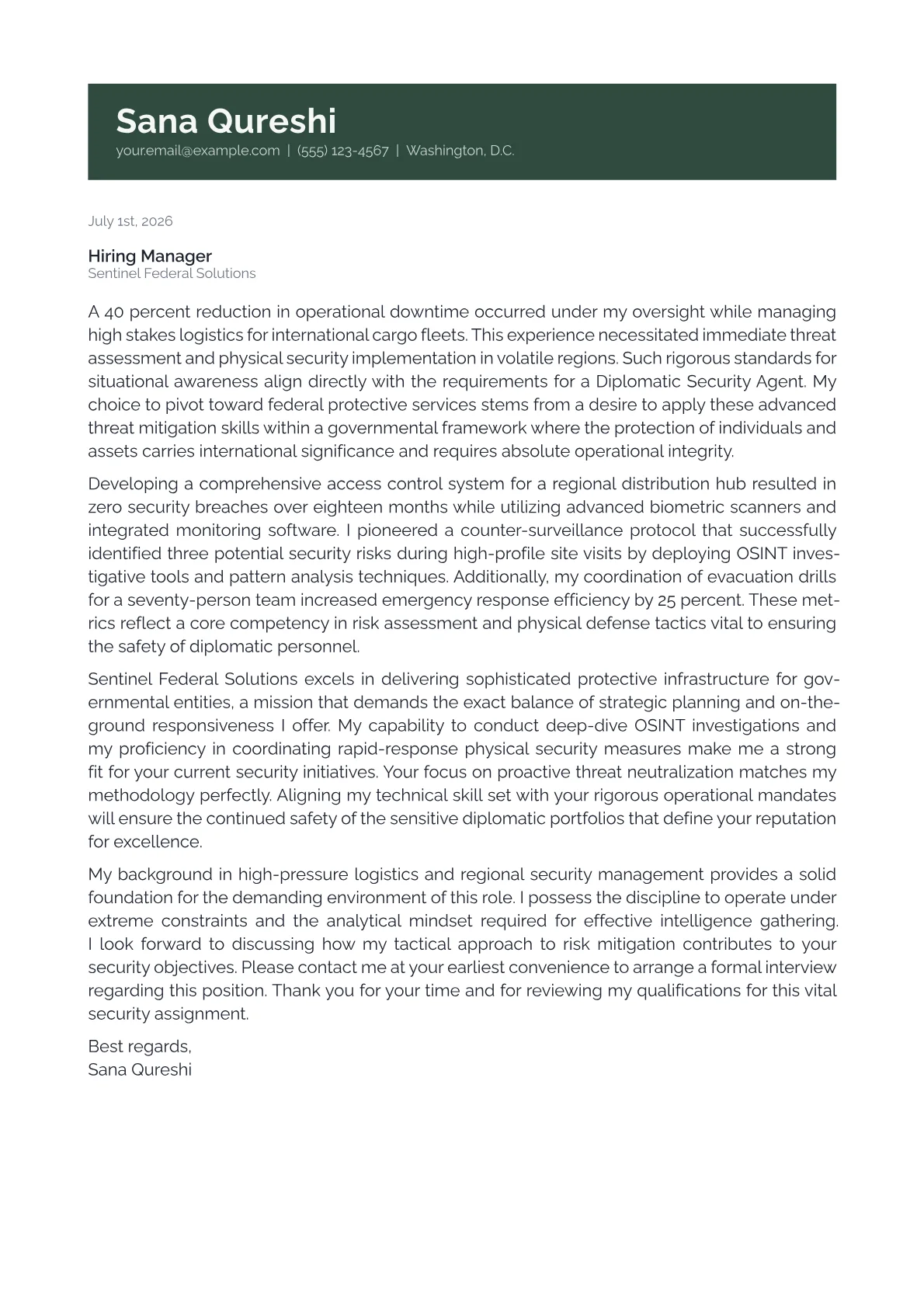 Diplomatic Security Agent cover letter in the Banner design