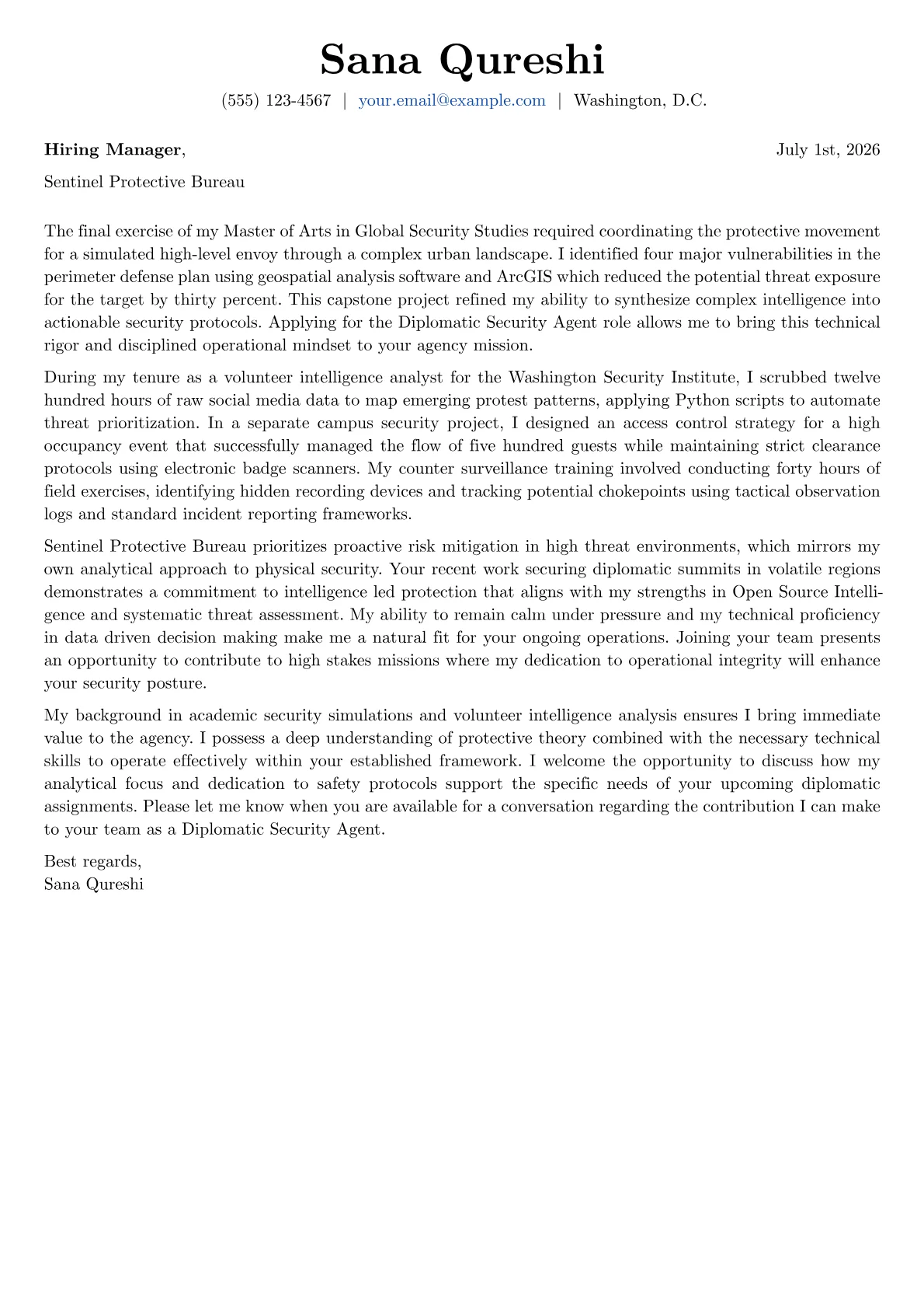 Diplomatic Security Agent cover letter in the Basic design