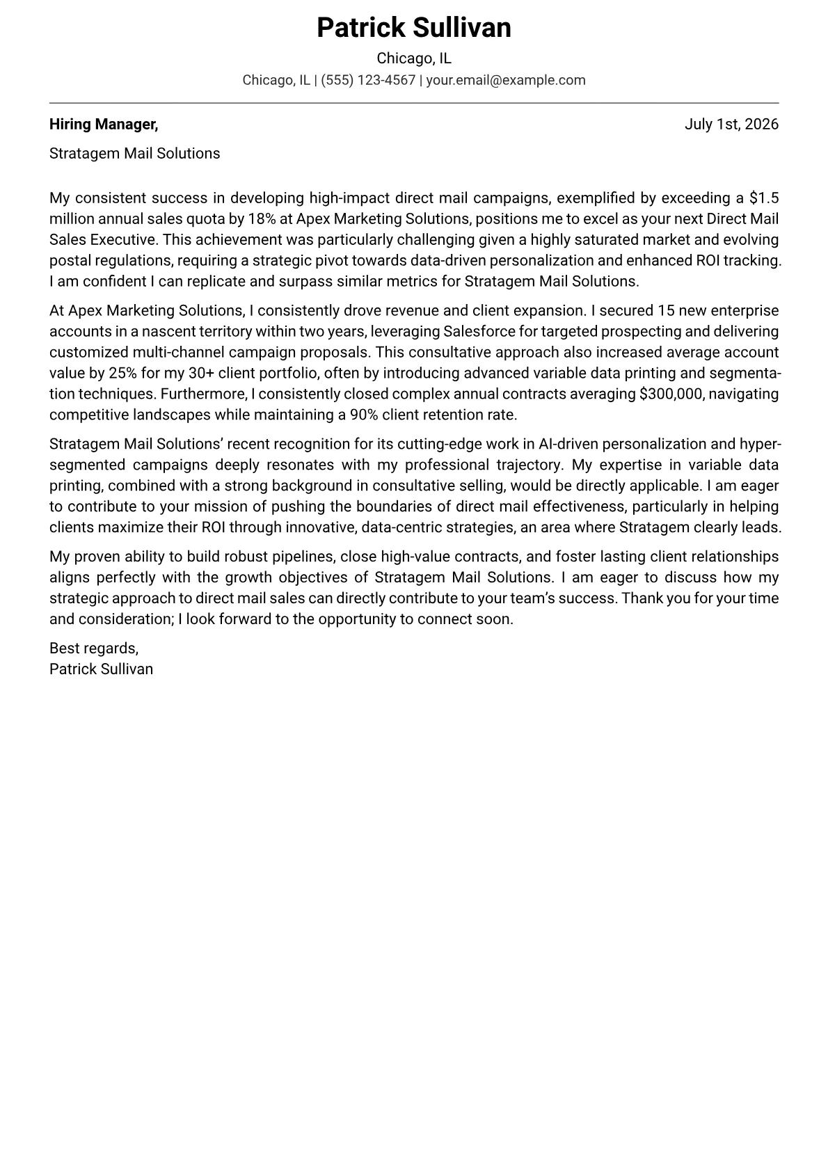Direct Mail Sales cover letter formatted with a JobSprout template