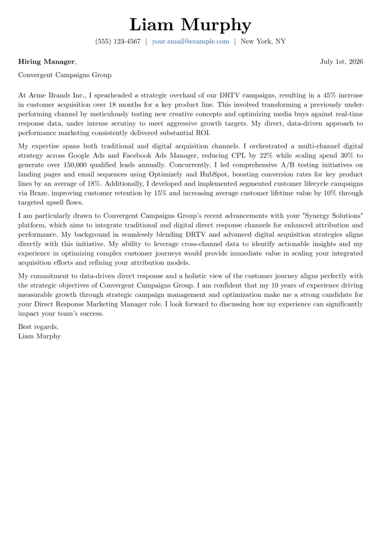 Direct Response Marketing Manager Cover Letter Example