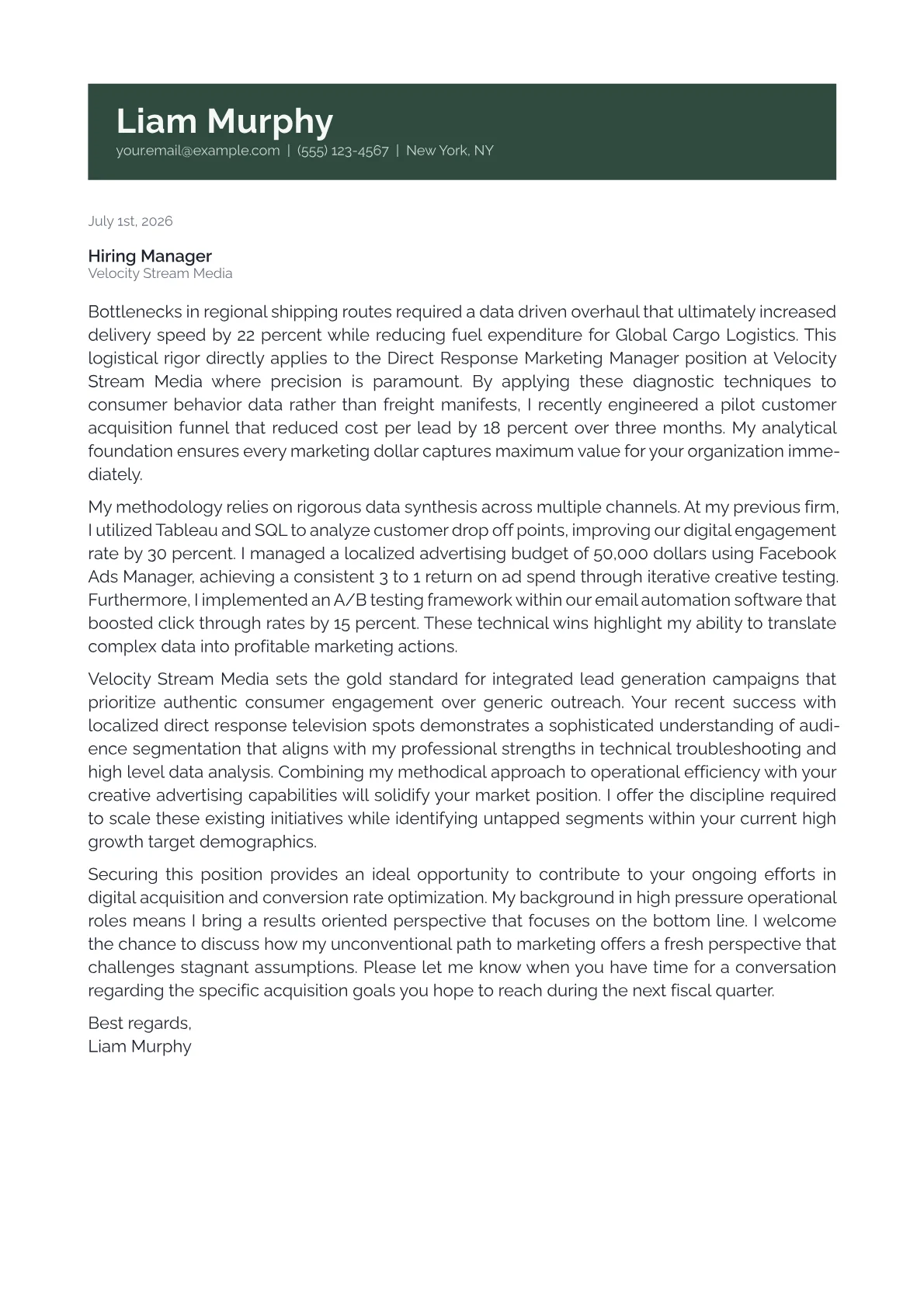 Direct Response Marketing Manager cover letter in the Banner design